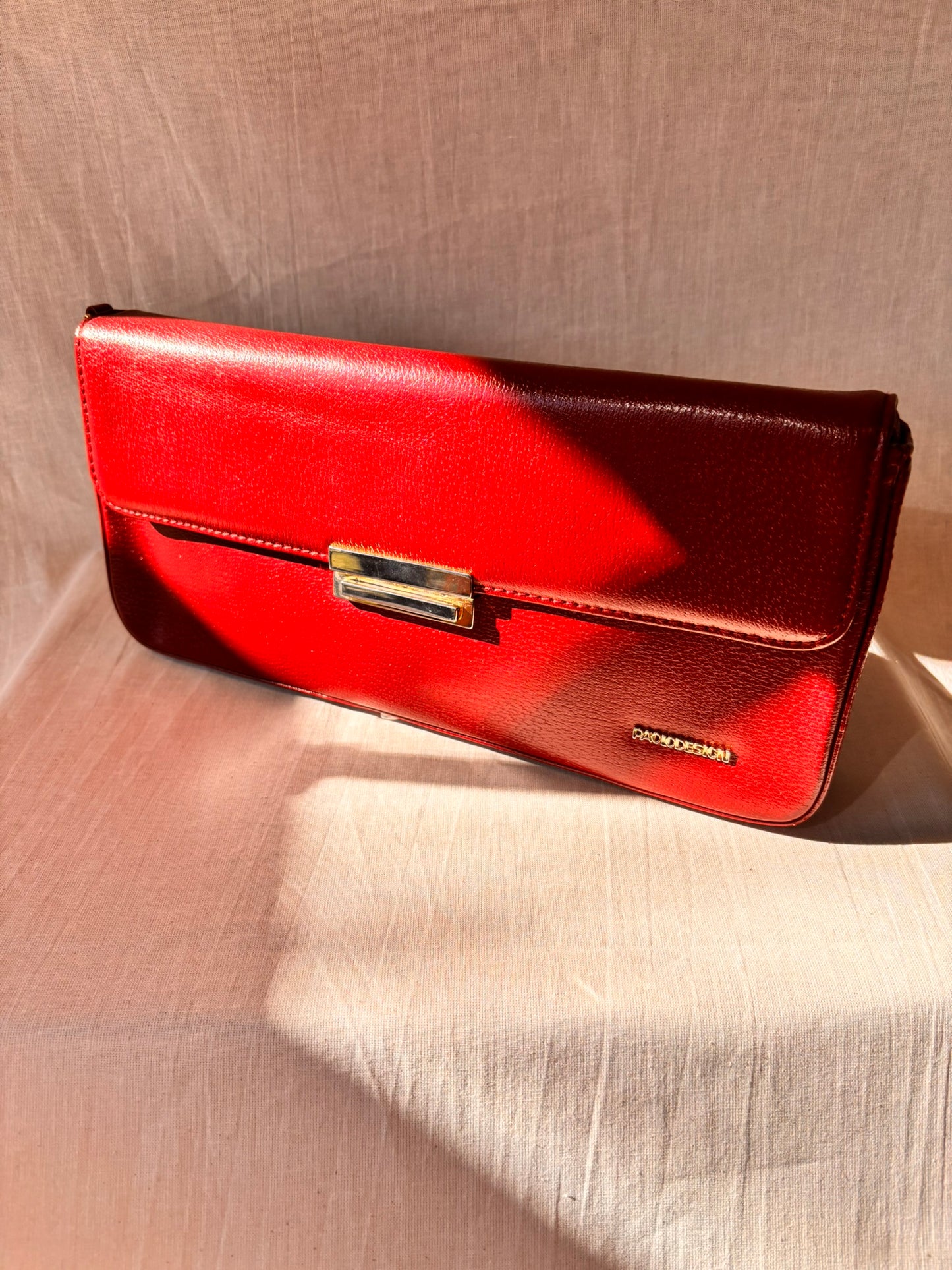 Vintage Paolo Design Spanish Leather Structured Clutch | Red Leather Evening Bag with Wrist Strap