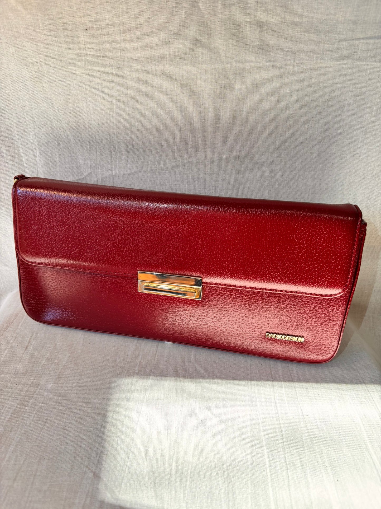 Vintage Paolo Design Spanish Leather Structured Clutch | Red Leather Evening Bag with Wrist Strap