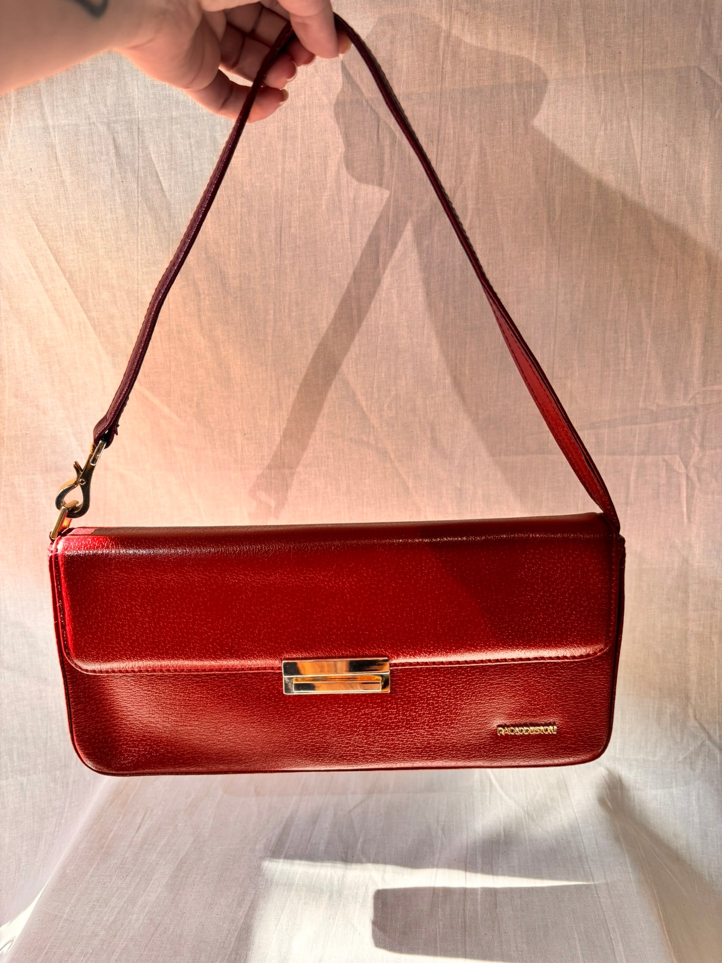 Vintage Paolo Design Spanish Leather Structured Clutch | Red Leather Evening Bag with Wrist Strap