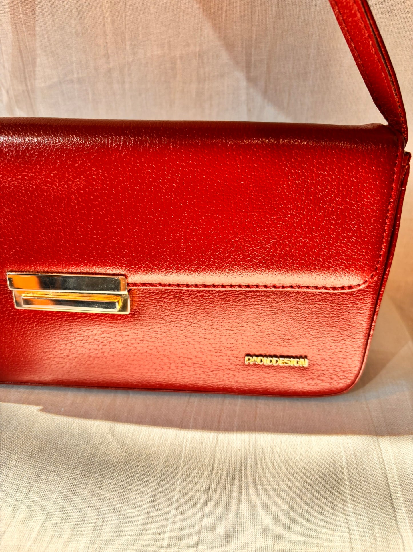Vintage Paolo Design Spanish Leather Structured Clutch | Red Leather Evening Bag with Wrist Strap