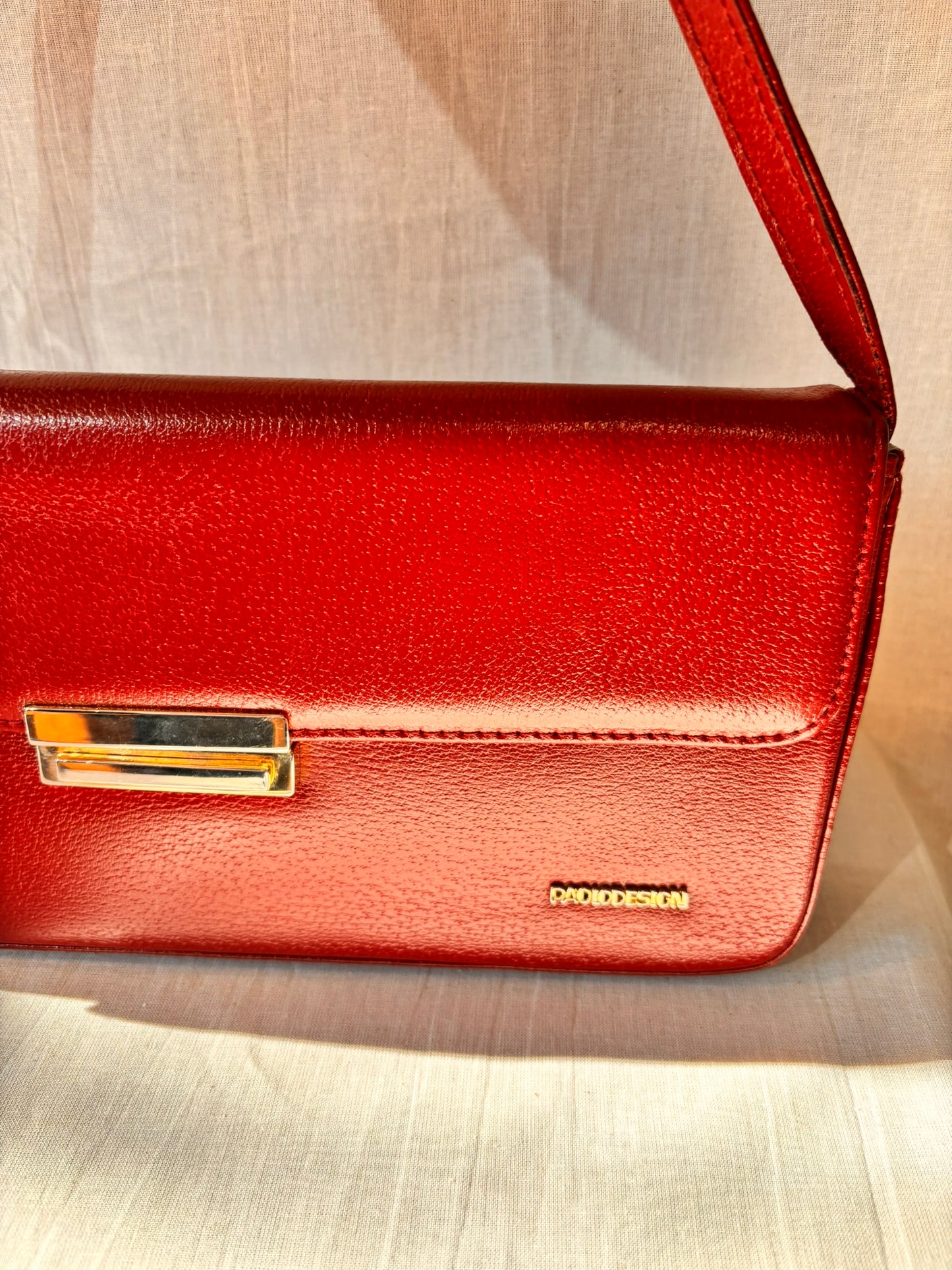Vintage Paolo Design Spanish Leather Structured Clutch | Red Leather Evening Bag with Wrist Strap