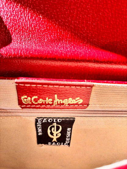 Vintage Paolo Design Spanish Leather Structured Clutch | Red Leather Evening Bag with Wrist Strap