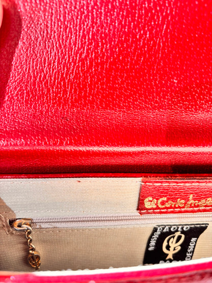 Vintage Paolo Design Spanish Leather Structured Clutch | Red Leather Evening Bag with Wrist Strap