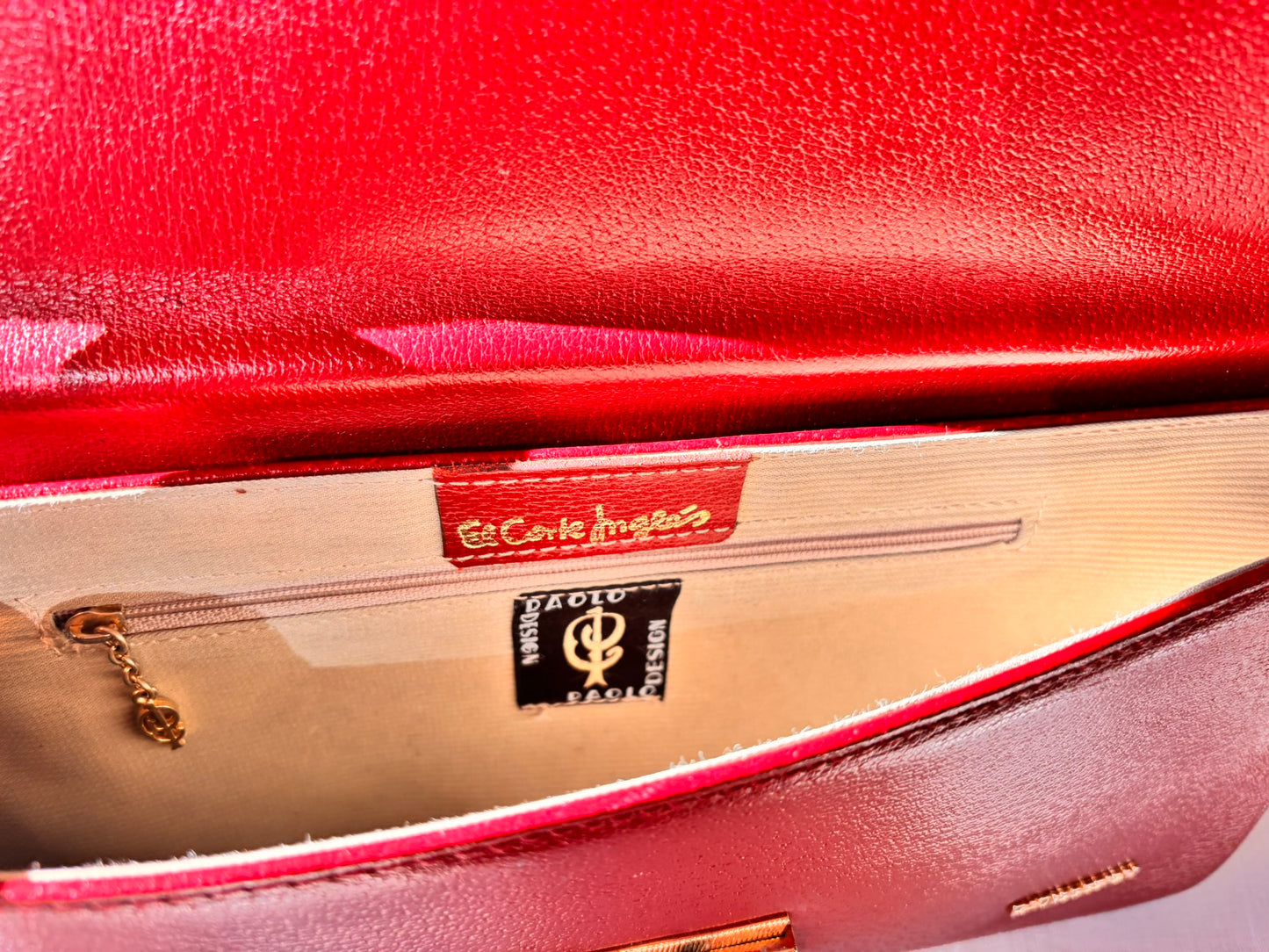 Vintage Paolo Design Spanish Leather Structured Clutch | Red Leather Evening Bag with Wrist Strap