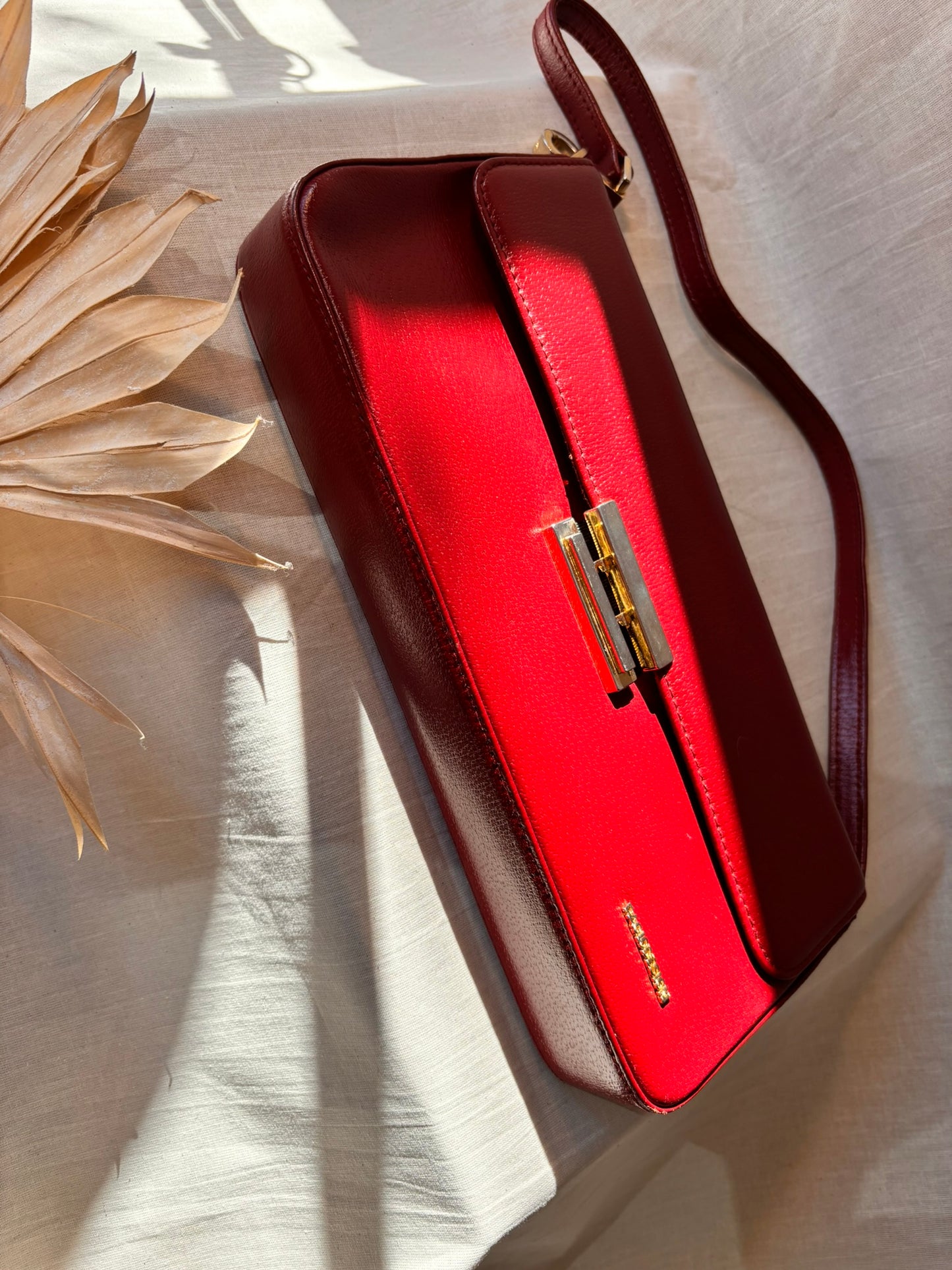 Vintage Paolo Design Spanish Leather Structured Clutch | Red Leather Evening Bag with Wrist Strap