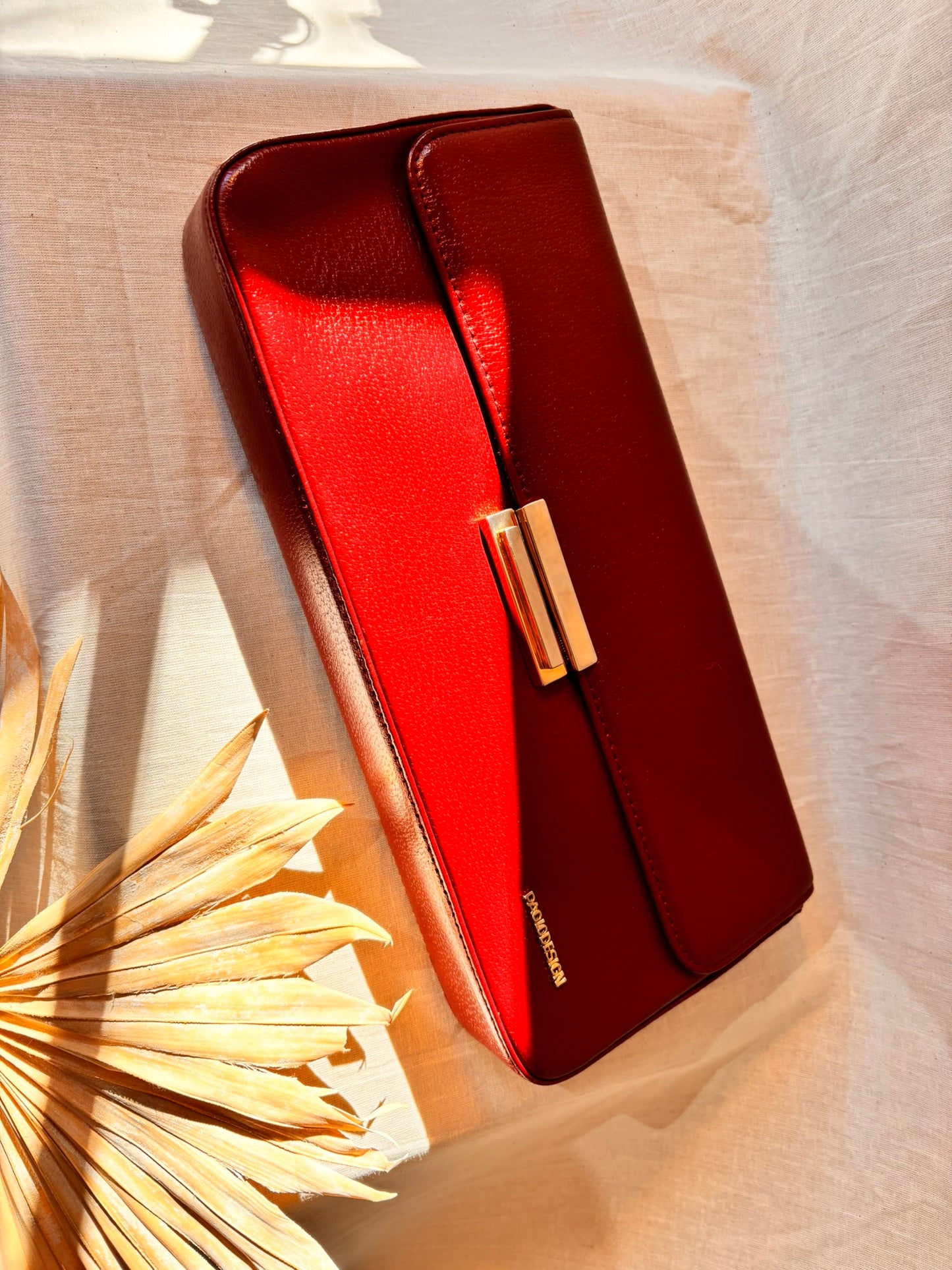 Vintage Paolo Design Spanish Leather Structured Clutch | Red Leather Evening Bag with Wrist Strap