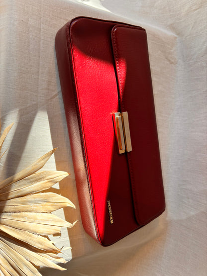 Vintage Paolo Design Spanish Leather Structured Clutch | Red Leather Evening Bag with Wrist Strap