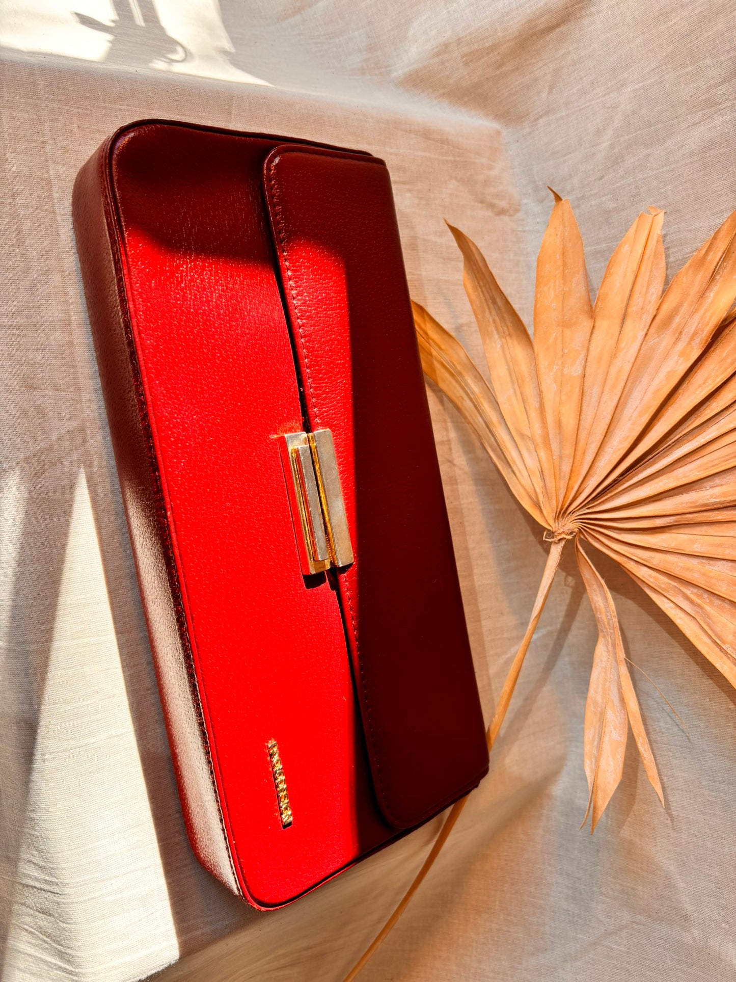 Vintage Paolo Design Spanish Leather Structured Clutch | Red Leather Evening Bag with Wrist Strap