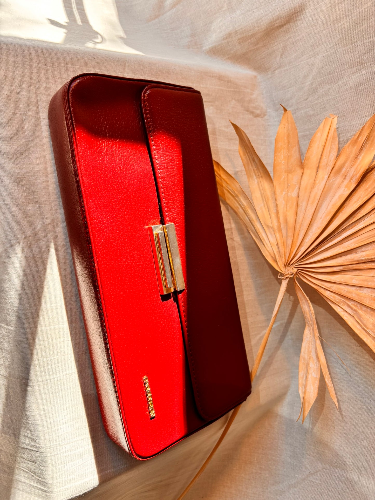 Vintage Paolo Design Spanish Leather Structured Clutch | Red Leather Evening Bag with Wrist Strap