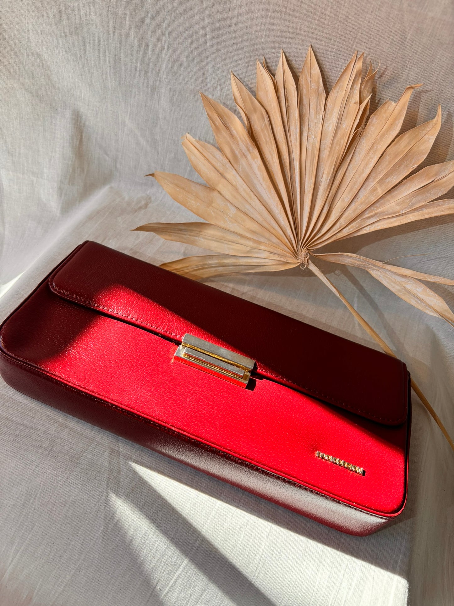 Vintage Paolo Design Spanish Leather Structured Clutch | Red Leather Evening Bag with Wrist Strap