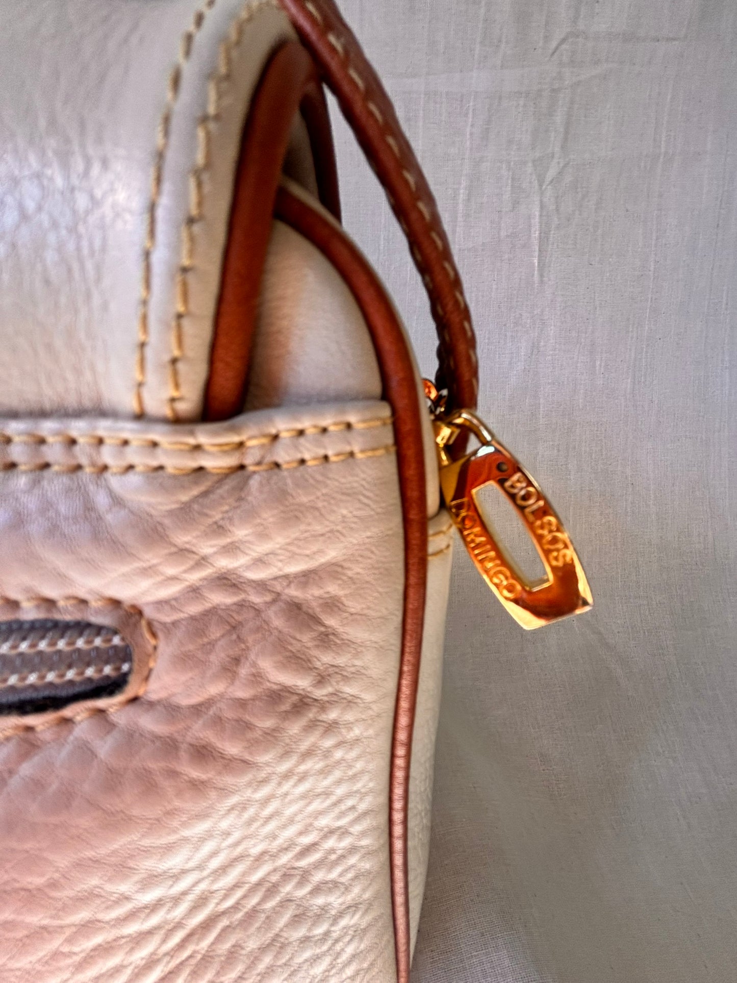 Vintage 1990s Bolsos Domingo Cream & Tan Spanish Leather Crossbody Bag – Purchased at El Corte Inglés