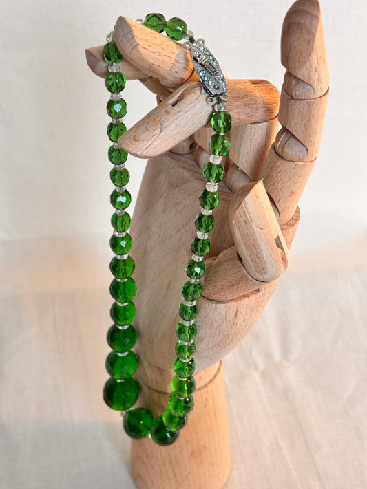 Vintage Green Glass Statement Faceted Beaded Necklace | Art Deco Style Clasp