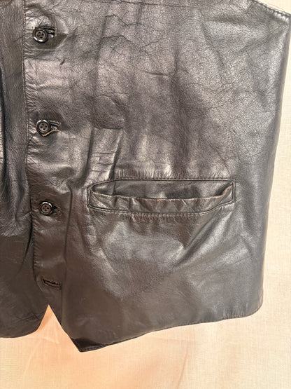 close up of pocket of Vintage 1980s Black Leather Waistcoat Vest
