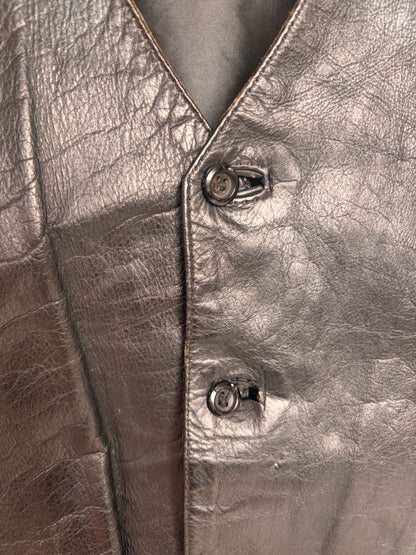 close up of Vintage 1980s Black Leather Waistcoat Vest
