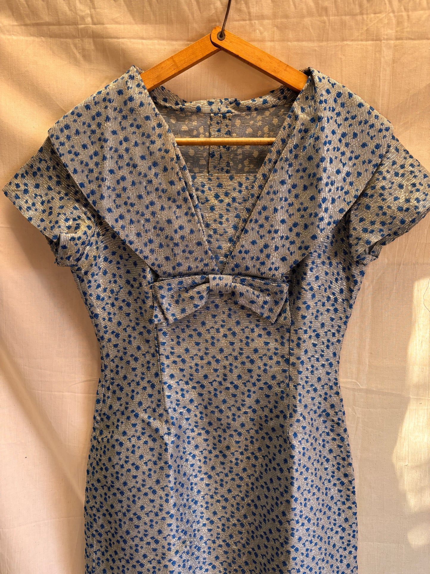 1960s Blue & Silver Lamé Cocktail Dress with Bow Detail