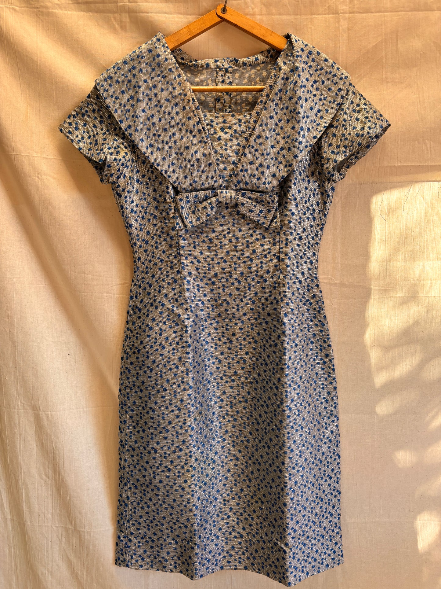 1960s Blue & Silver Lamé Cocktail Dress with Bow Detail