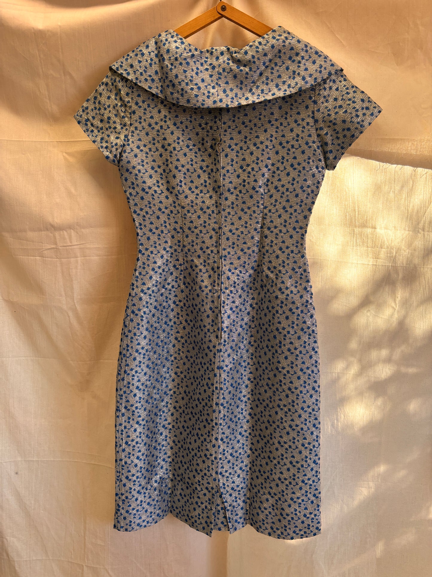 1960s Blue & Silver Lamé Cocktail Dress with Bow Detail