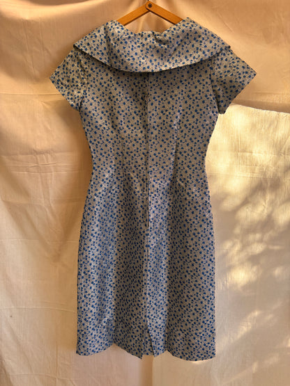 1960s Blue & Silver Lamé Cocktail Dress with Bow Detail