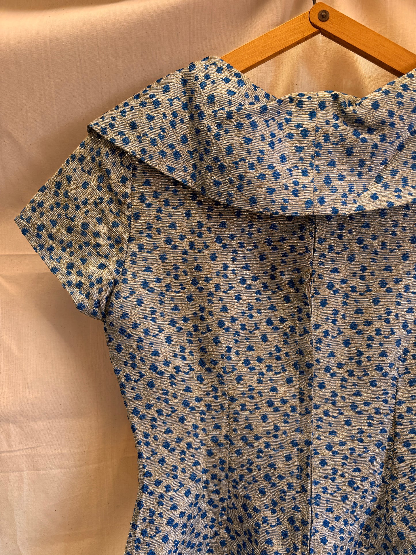 1960s Blue & Silver Lamé Cocktail Dress with Bow Detail