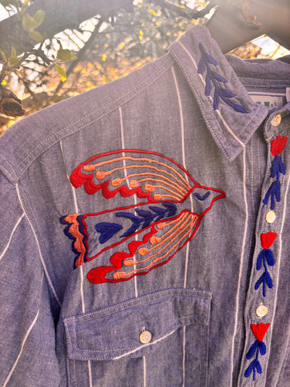 One-of-a-Kind Hand Guided Embroidered Folk Bird Shirt