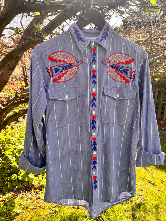 One-of-a-Kind Hand Guided Embroidered Folk Bird Shirt