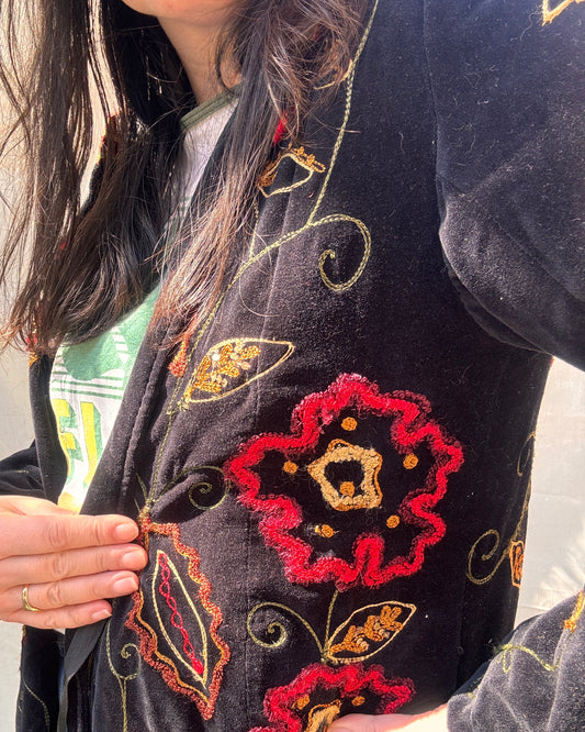 Vintage Black Velvet Embroidered Boho Coat