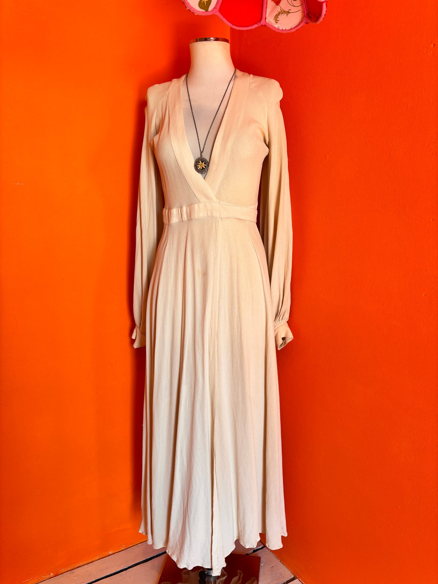 Full front view of Cream moss crepe Ossie Clark Cuddly Dress