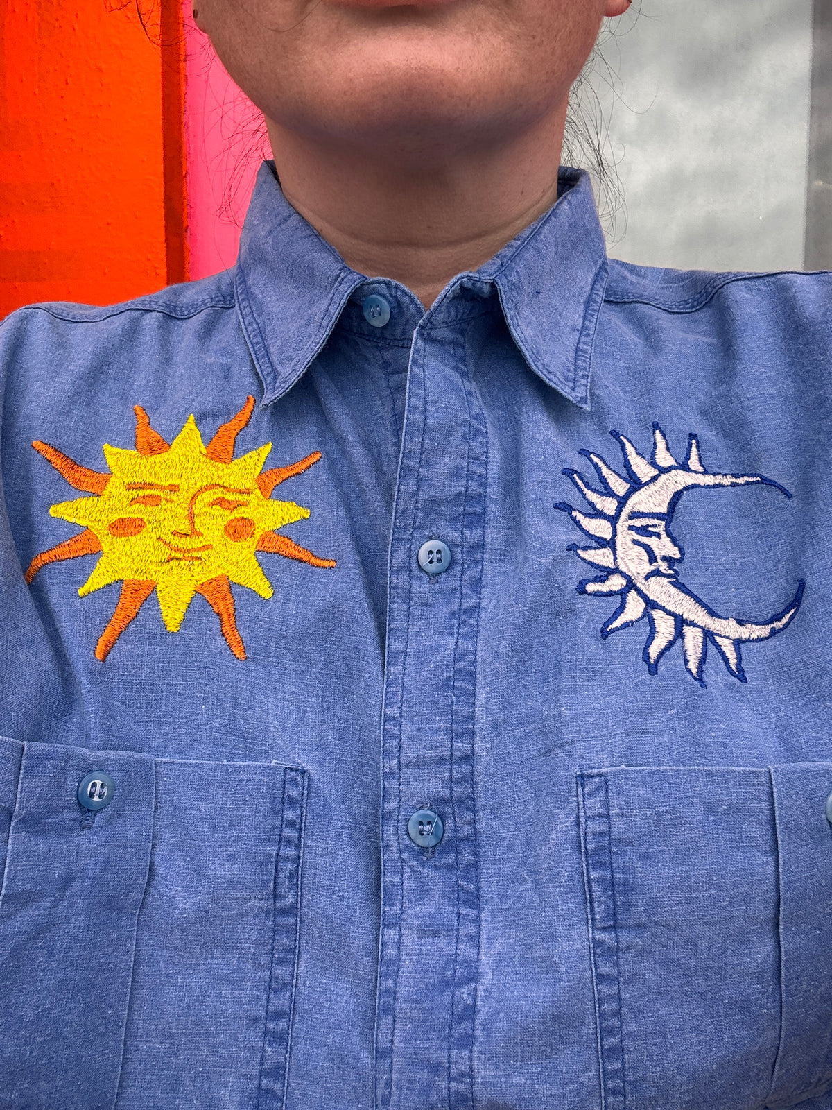 Hand Embroidered Sun & Moon Shirt | One-of-a-Kind Celestial Wearable Art