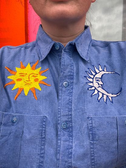 Hand Embroidered Sun & Moon Shirt | One-of-a-Kind Celestial Wearable Art
