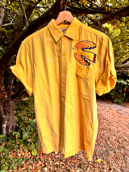 Yellow Hand Embroidered Folk Bird Shirt | One-of-a-Kind Upcycled Vintage Shirt