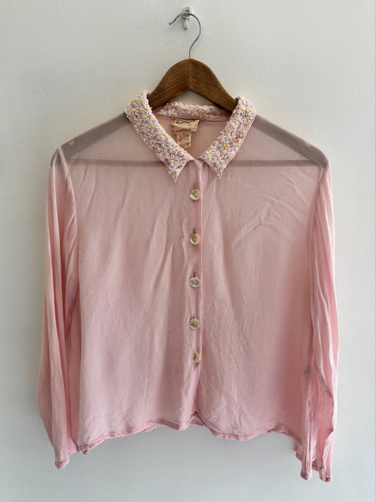 90s pink sheer vintage blouse upcycled with hand embroidered daisies