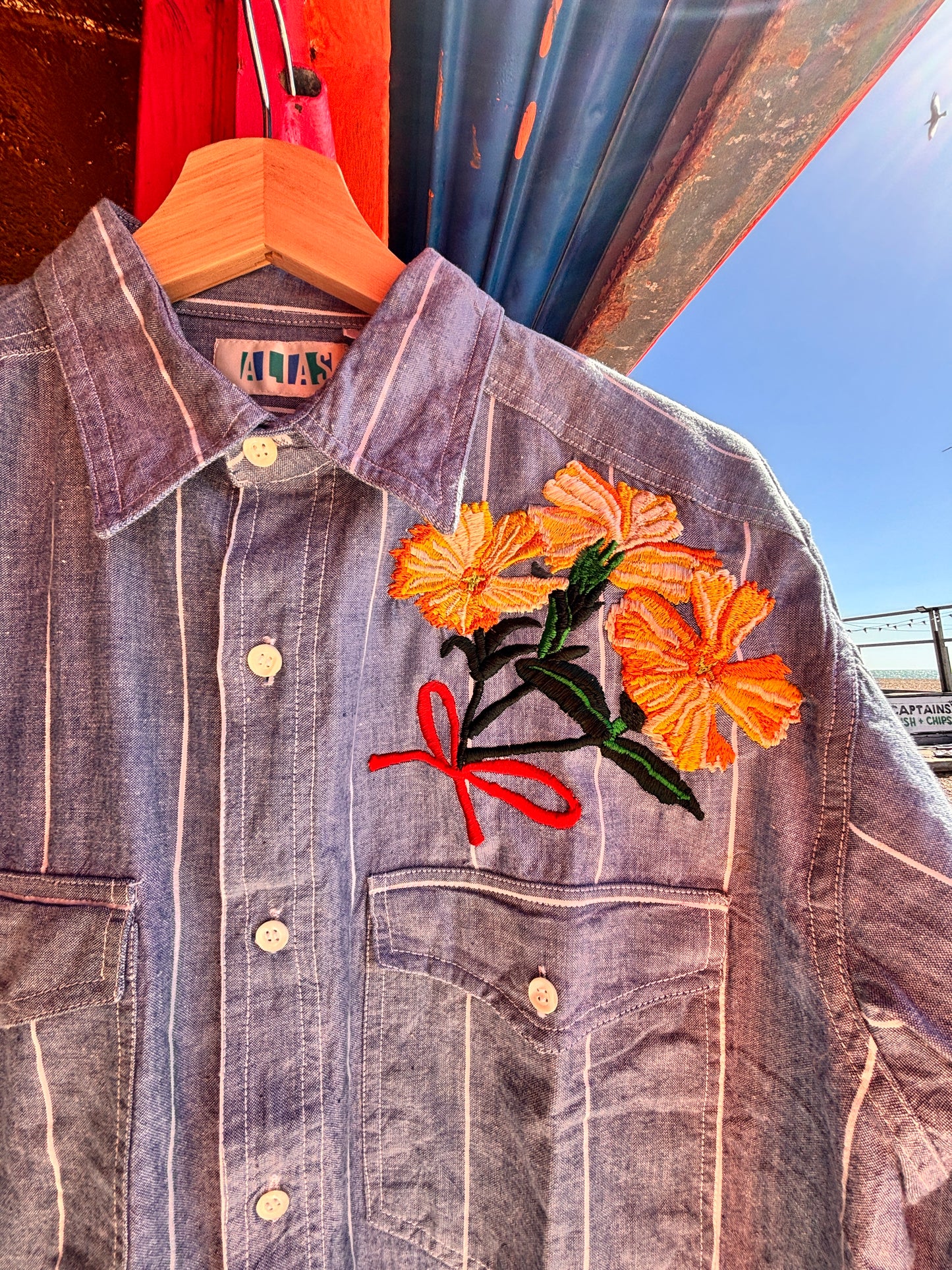 Hand Embroidered Floral Shirt | Lychnis Coronata Flower | One-of-a-Kind Wearable Art