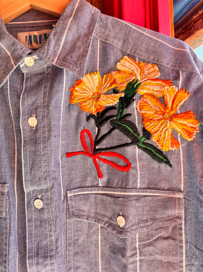 Hand Embroidered Floral Shirt | Lychnis Coronata Flower | One-of-a-Kind Wearable Art
