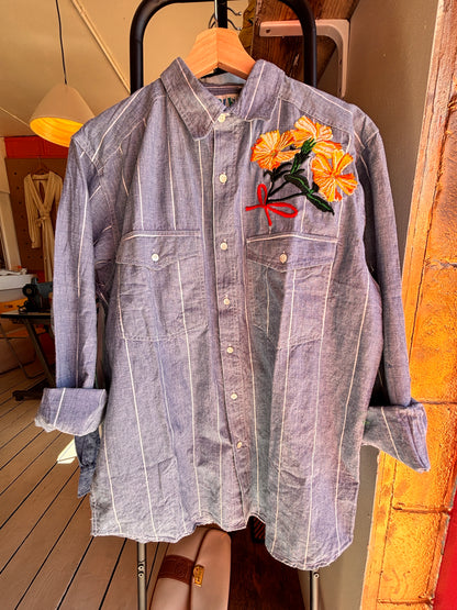 Hand Embroidered Floral Shirt | Lychnis Coronata Flower | One-of-a-Kind Wearable Art