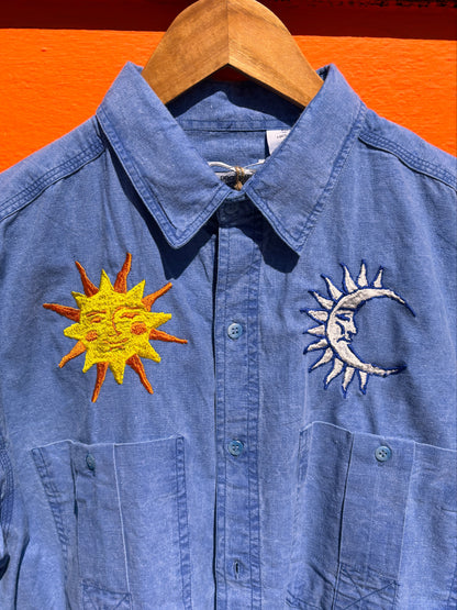 Hand Embroidered Sun & Moon Shirt | One-of-a-Kind Celestial Wearable Art