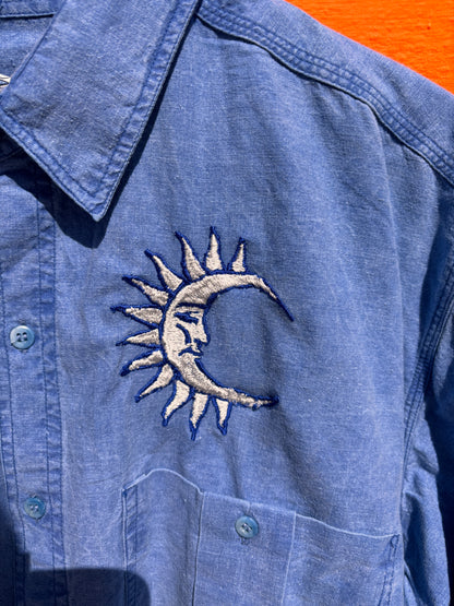 Hand Embroidered Sun & Moon Shirt | One-of-a-Kind Celestial Wearable Art