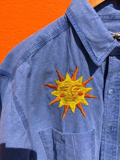 Hand Embroidered Sun & Moon Shirt | One-of-a-Kind Celestial Wearable Art