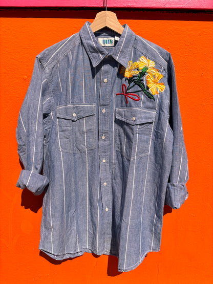 Hand Embroidered Floral Shirt | Lychnis Coronata Flower | One-of-a-Kind Wearable Art