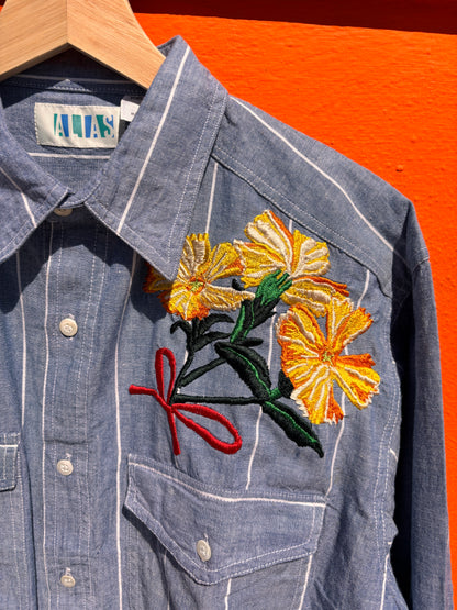 Hand Embroidered Floral Shirt | Lychnis Coronata Flower | One-of-a-Kind Wearable Art