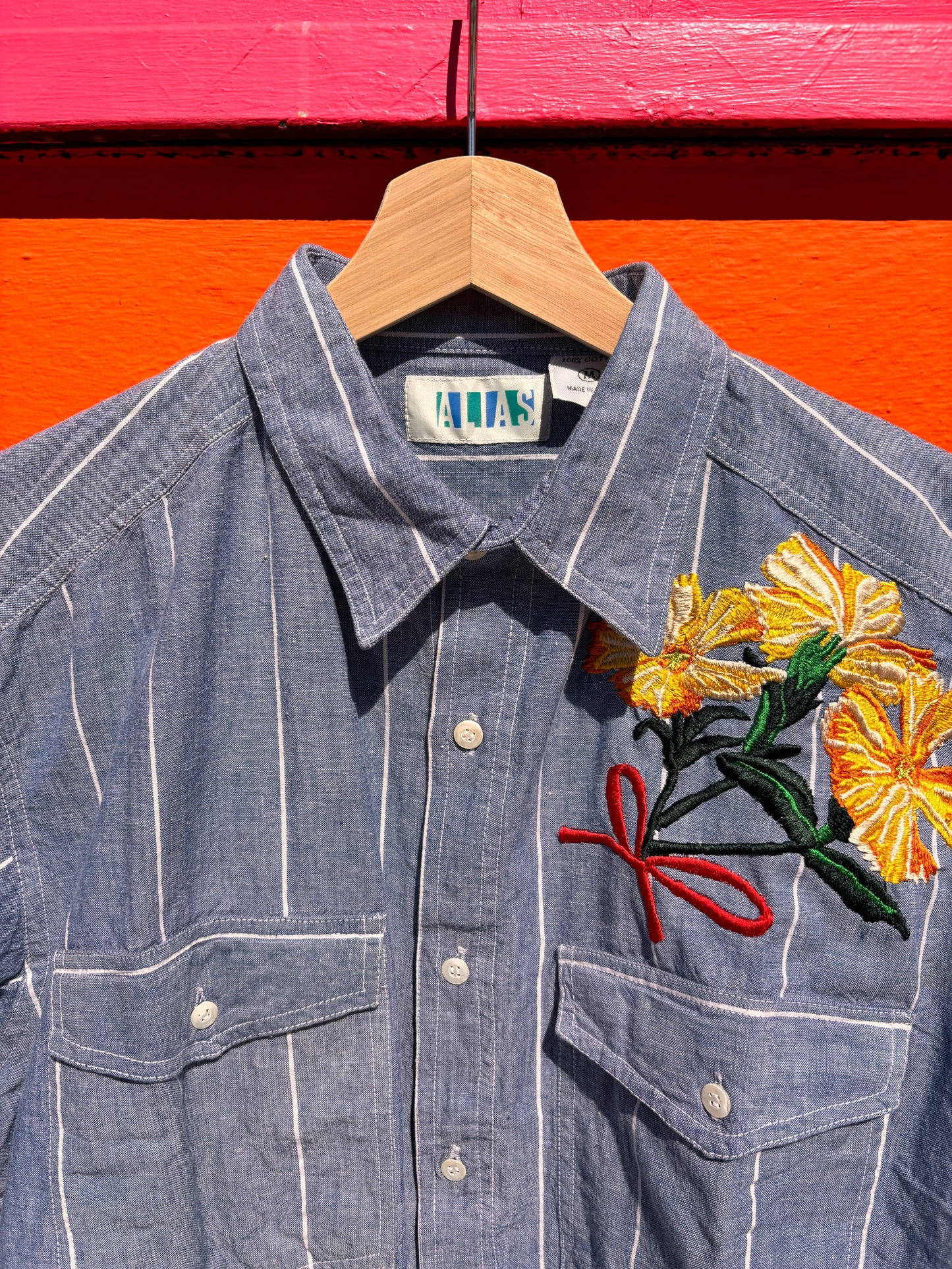 Hand Embroidered Floral Shirt | Lychnis Coronata Flower | One-of-a-Kind Wearable Art
