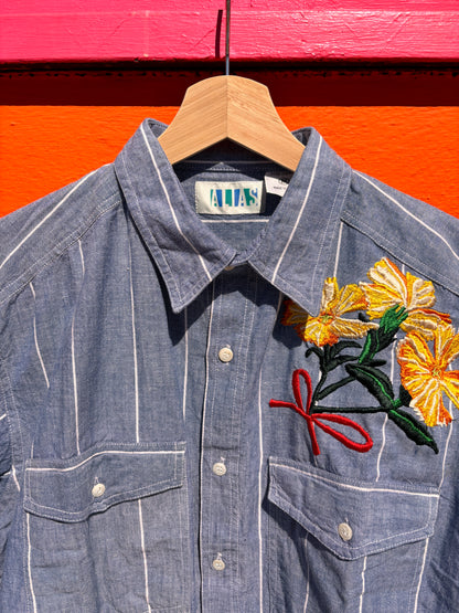 Hand Embroidered Floral Shirt | Lychnis Coronata Flower | One-of-a-Kind Wearable Art