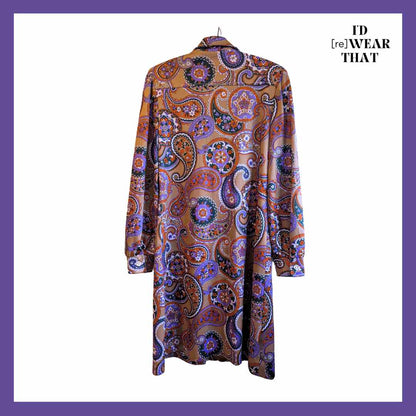 Back view of 1970s vintage paisley shirt dress from Westbury Fashions