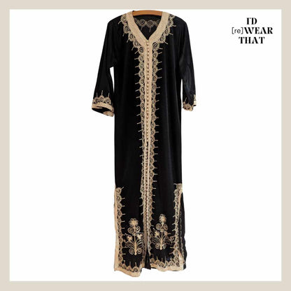 Front view of Vintage Black & Gold Embroidered Moroccan Kaftan