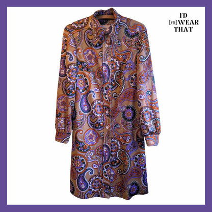 Front view of 1970s paisley shirt dress