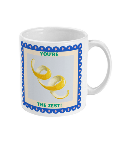 11oz coffee mug with lemon peel design with 'You're the Zest!'