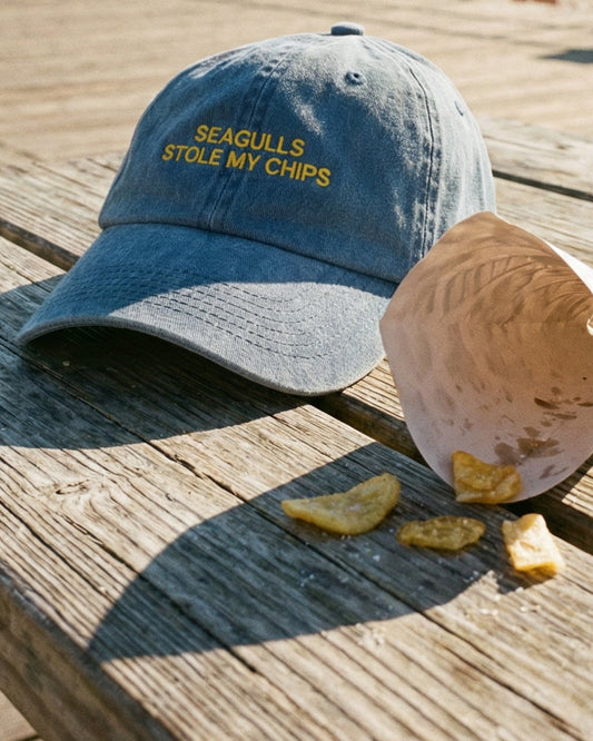 seagulls stole my chips embroidered on a blue denim cap on a picnic table