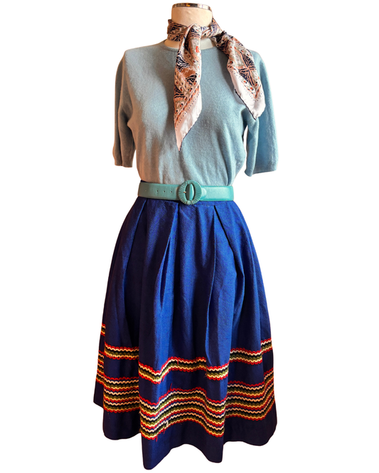 Vintage Blue Wool Folk Skirt | Ric Rac Trim