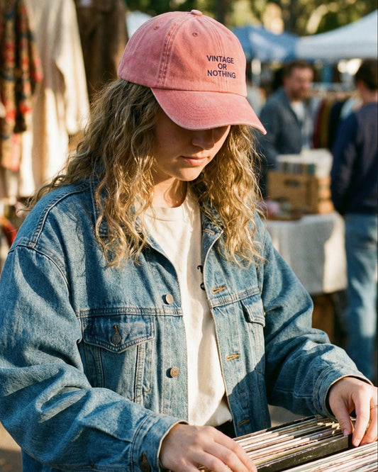 Person wearing a orange cap with 'vintage or nothing' embroidered in blue on the front.