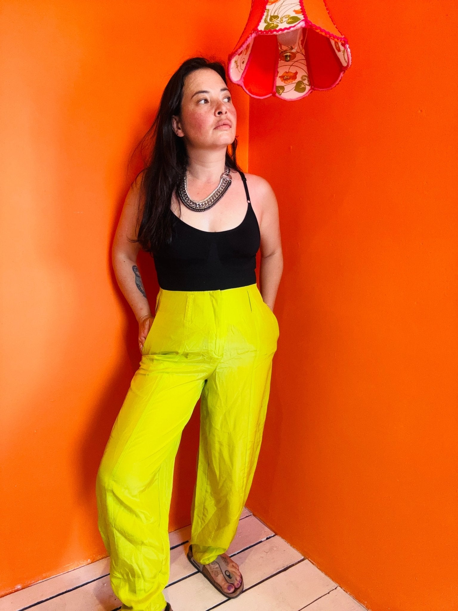 Front view on model of Emporio Armani Lime Green Cocoon Silk Trousers