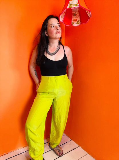 Front view on model of Emporio Armani Lime Green Cocoon Silk Trousers